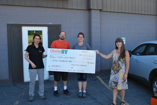July 14th, 2020,Citation RV & Trailers presented Jacquie of the Y Women's Emergency Shelter with a $15,003.42 cheque